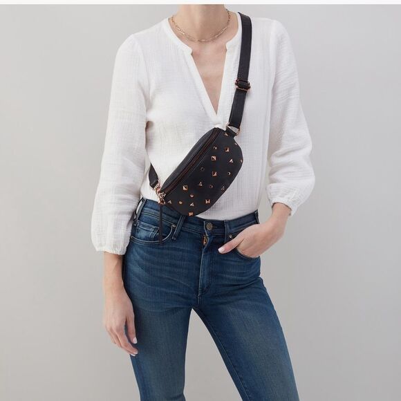 HOBO Fern Studded Leather Belt Bag Fanny Pack Crossbody, Black/Rose Gold NWT - Picture 3 of 15